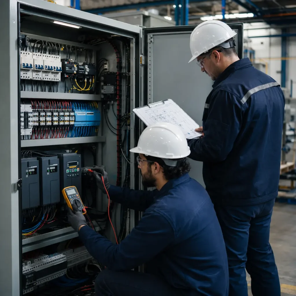 Técnico cableando el interior de un tablero eléctrico industrial en taller de fabricación