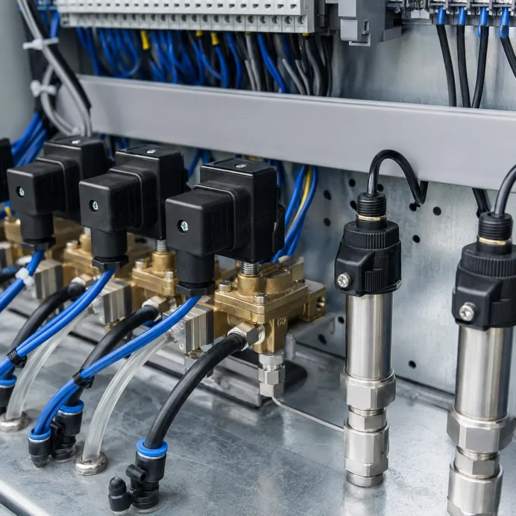 Electroválvulas y sensores conectados a tablero eléctrico de riego