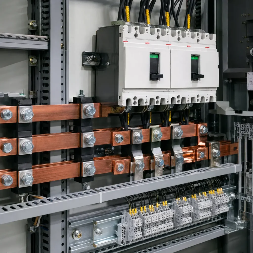 Barras de cobre e interruptores de tablero eléctrico trifásico