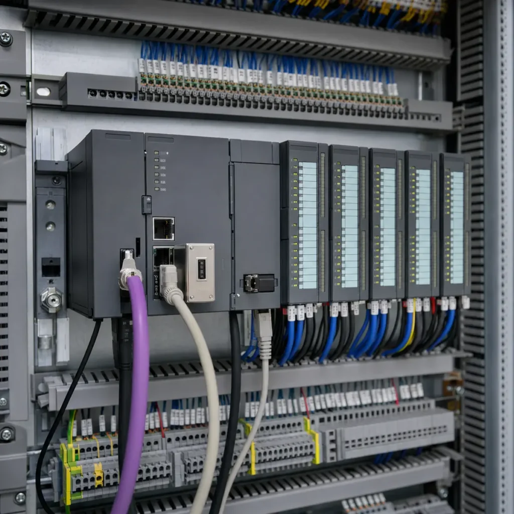 Módulos PLC con cableado de comunicación industrial