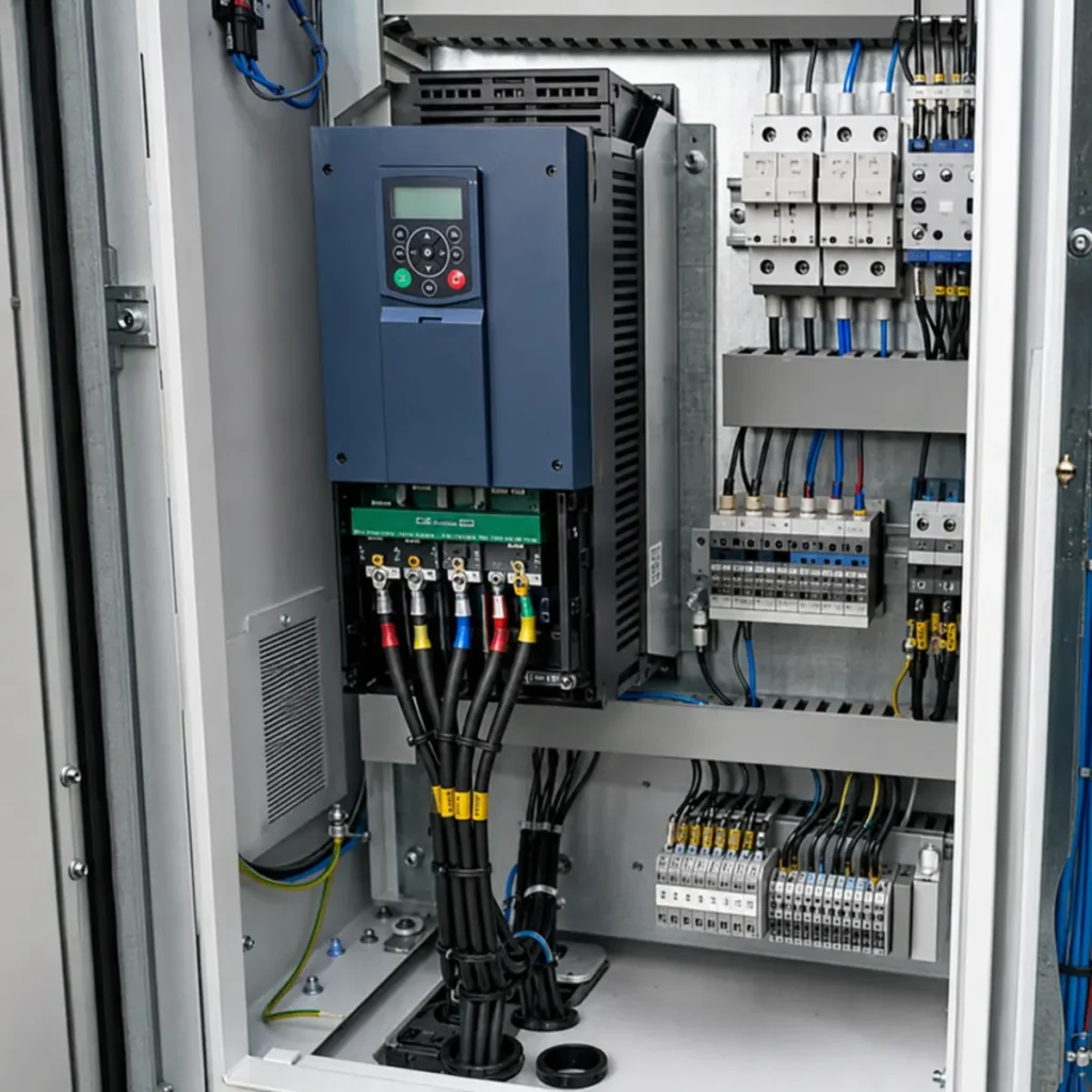 Variador de frecuencia y cableado de potencia en tablero eléctrico