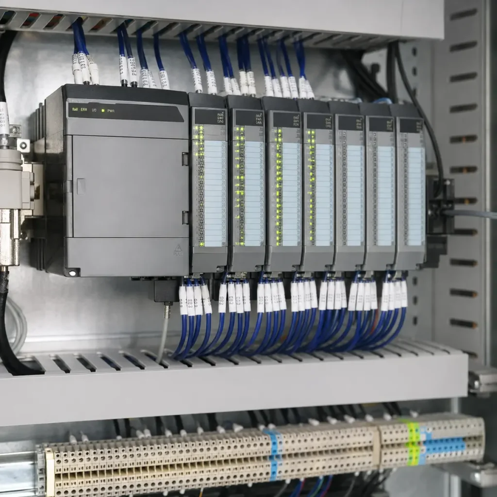 Módulos de PLC industrial con cableado de señales ordenado