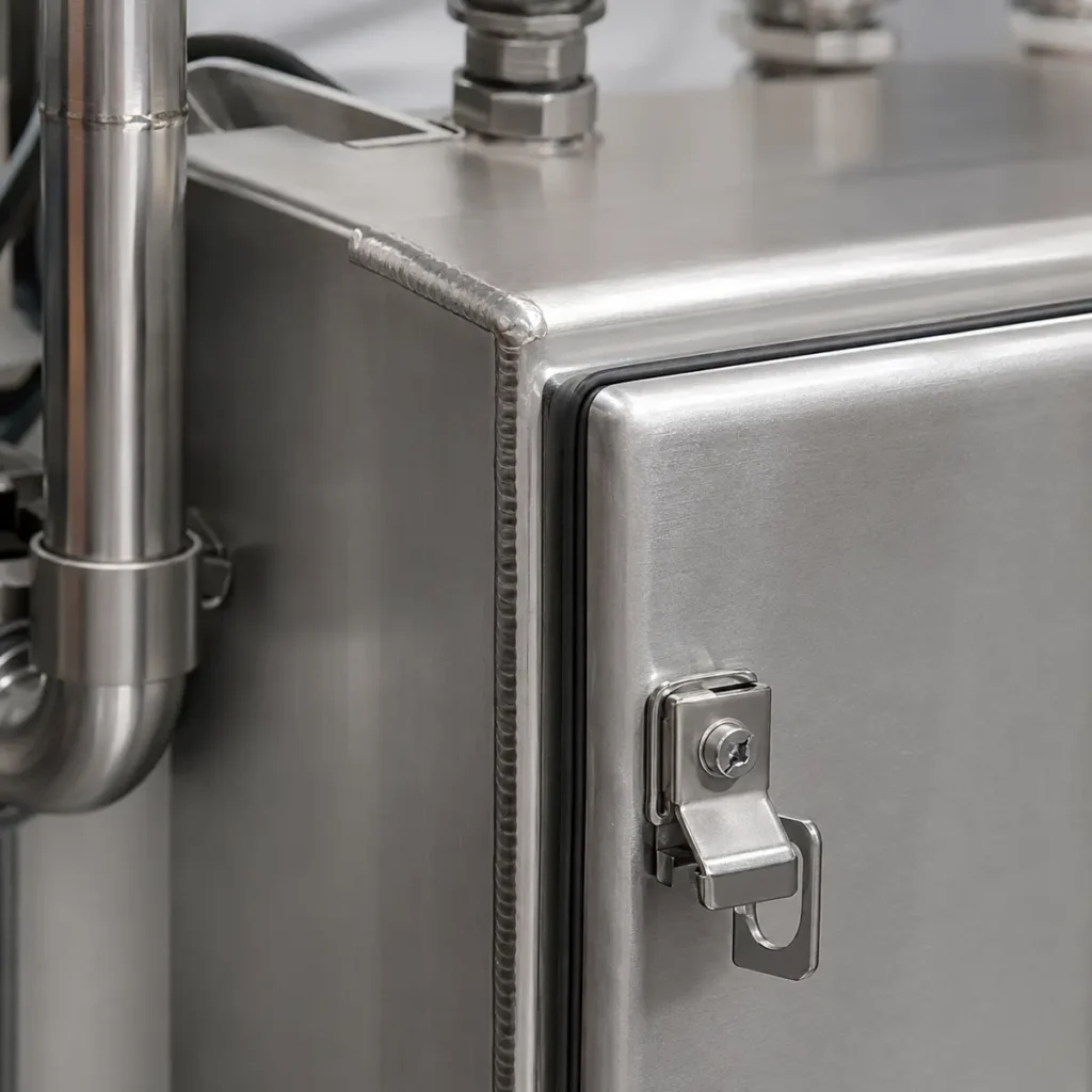 Detalle de soldadura y terminación sanitaria en gabinete de acero inoxidable