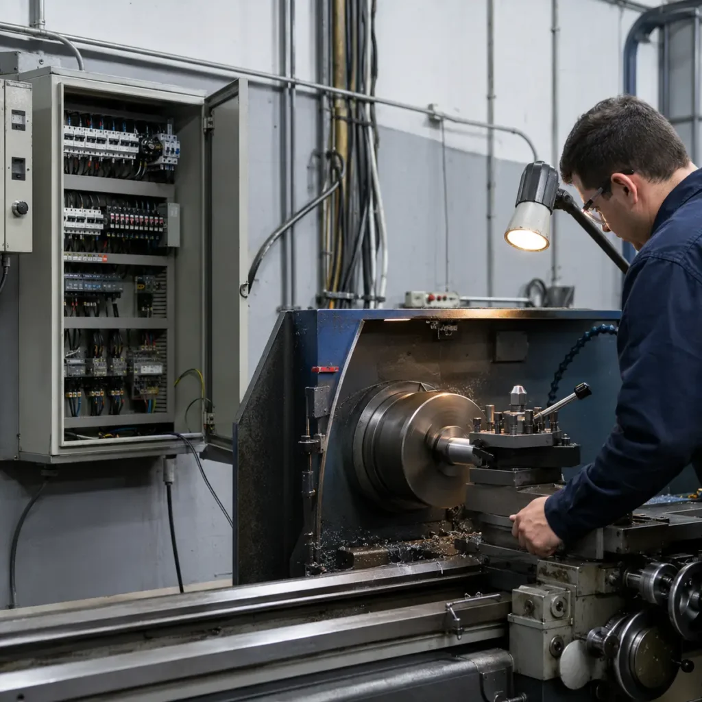 Maquinaria de taller en funcionamiento alimentada por tablero eléctrico