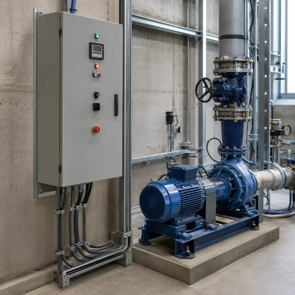 Bomba industrial controlada por tablero eléctrico de control