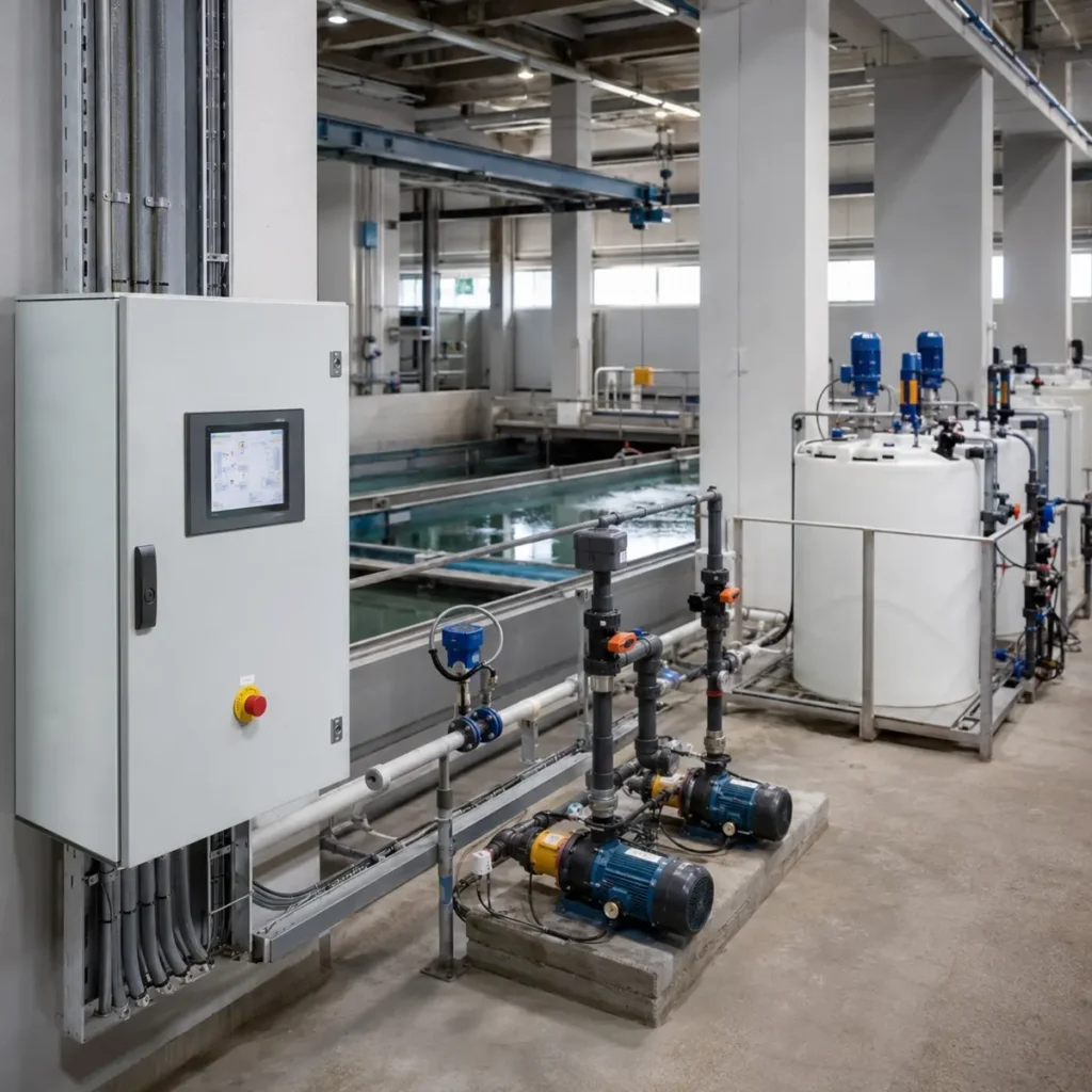Tablero PLC industrial supervisando proceso de planta de tratamiento