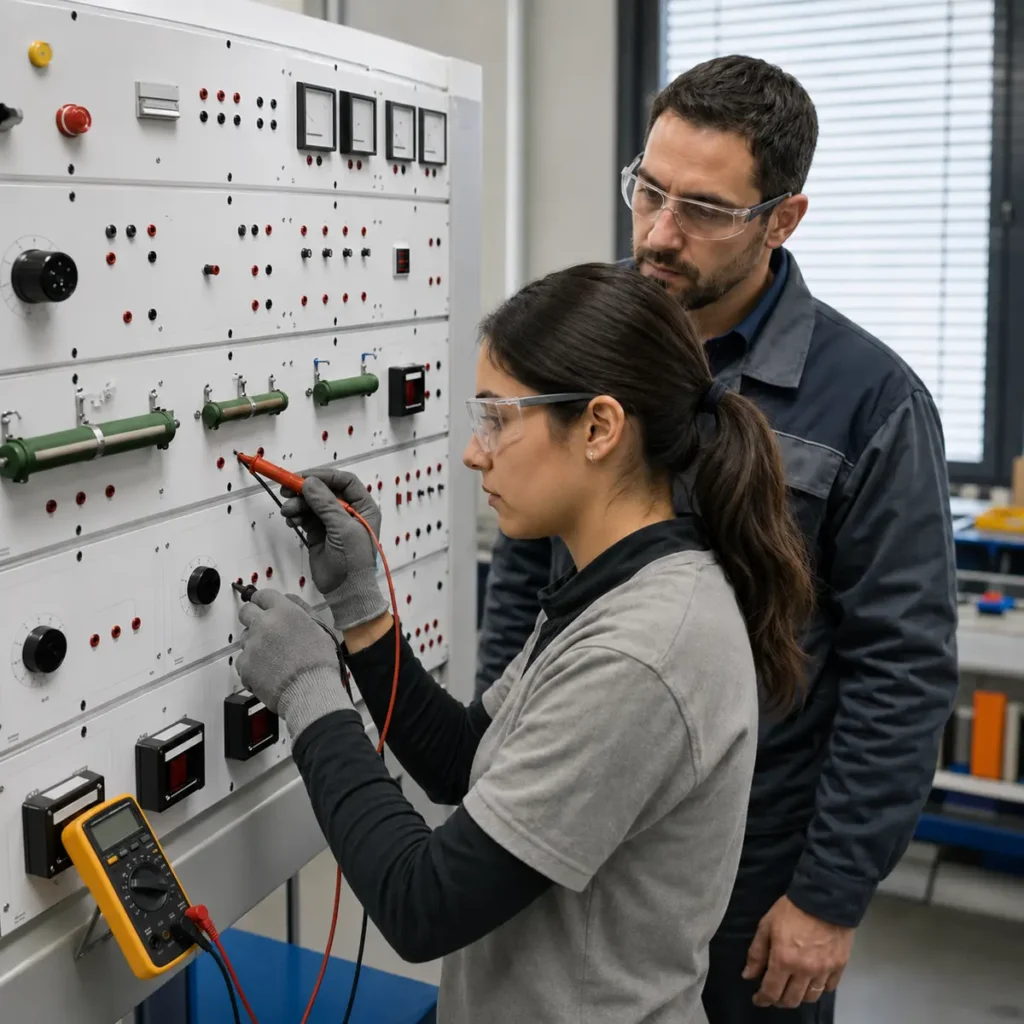 Sesión de capacitación práctica con medición sobre tablero didáctico eléctrico
