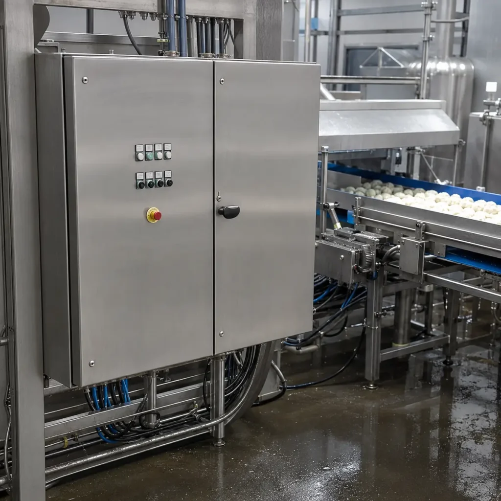 Tablero de acero inoxidable en línea de producción con ambiente húmedo controlado